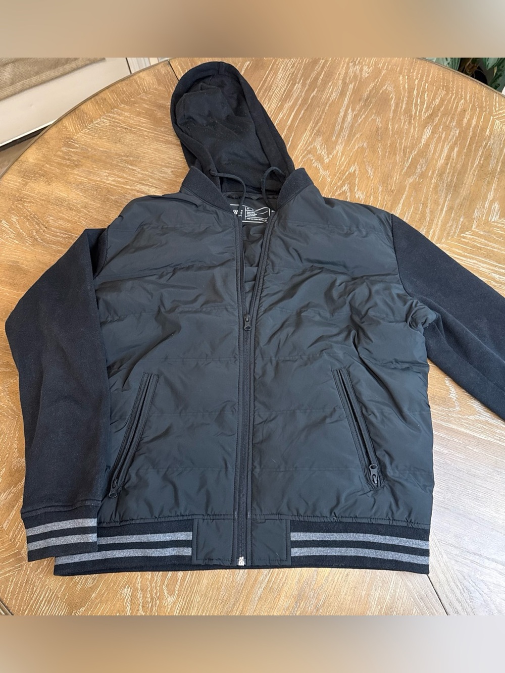 American Eagle Outfitters Black Hooded Jacket with Striped Hem